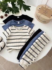 SHEIN LMoss Kids 6pcs Baby Boy Knitted Solid Striped Casual T-Shirt And Pants Set - Multicolor - View 6