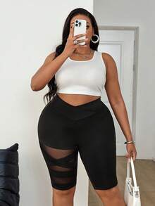 SHEIN PETITE CURVE Plus Size Women's Solid Color Basic Leggings, Contrast Color Mesh Sheer Leggings, Casual Sexy, Sports, Spring, Carnival Wear, Black, Summer, Daily Gym - Black - View 6