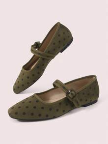 CUCCOO DOLLMOD Women's Shoes, Retro Dark Green Polka Dot Mary Jane Ballet Flats, Square Toe Suede Texture, With Adjustable Buckle Belt, Suitable For Work, Office, Leisure And Daily Wear - Army Green - View 8