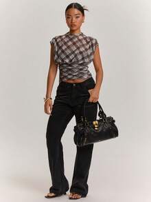 SHEIN BAE Women's Casual Holiday & Commute Daily Plaid Mesh Knit See-Through Blouse - Brown - View 4