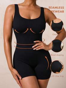 SHEIN BAE CURVE Plus Size Solid Shapewear Casual Comfy Strong Level Medium Stretch Unitard Romper - Black - View 3