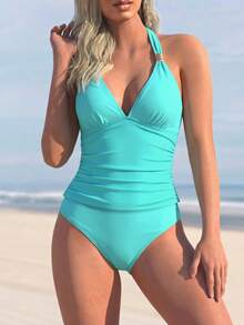 Swim Lushoire Women's Coconut Tree Print Metal Accessory Conservative Tropical Tankini Beach Club Vacation Turquoise Summer - Mint Blue - View 3