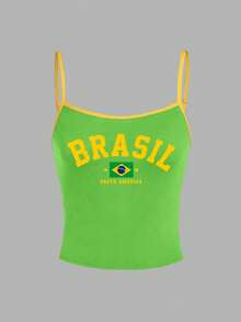 Attitoon Women's Casual Street Wear Y2k Sexy Camisole Vest, Suitable For Summer, Brazil Color Scheme, 2026 Brazil World Cup, Brazil Print, Vacation, Green - Green - View 4