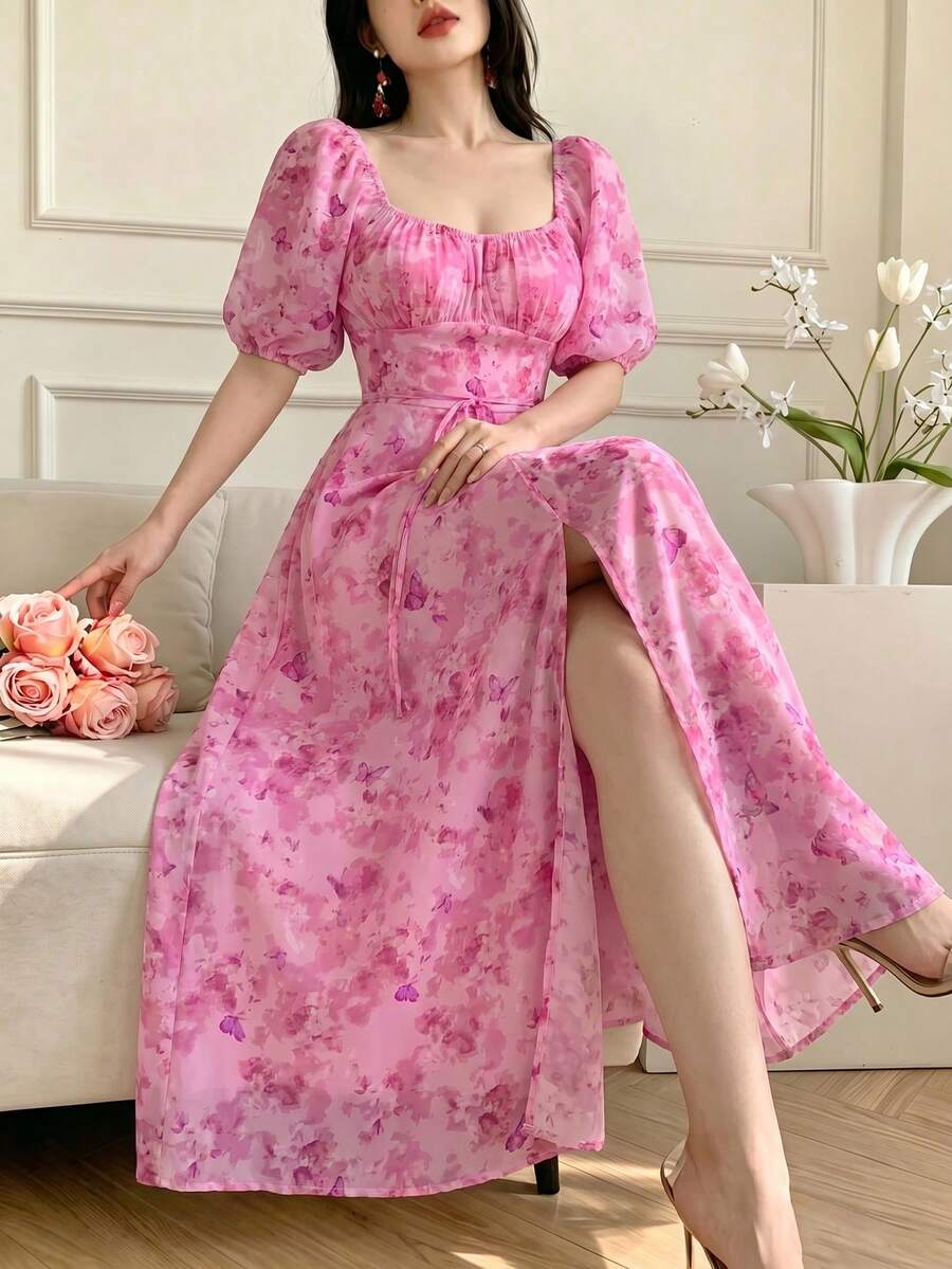 Celisse Spring/Summer New Arrival Printed Drawstring Tie-Knot Open Back Ruffle Puff Sleeve A-Line Waist Chiffon Elegant Maxi Dress For Women - Multicolor - View 1