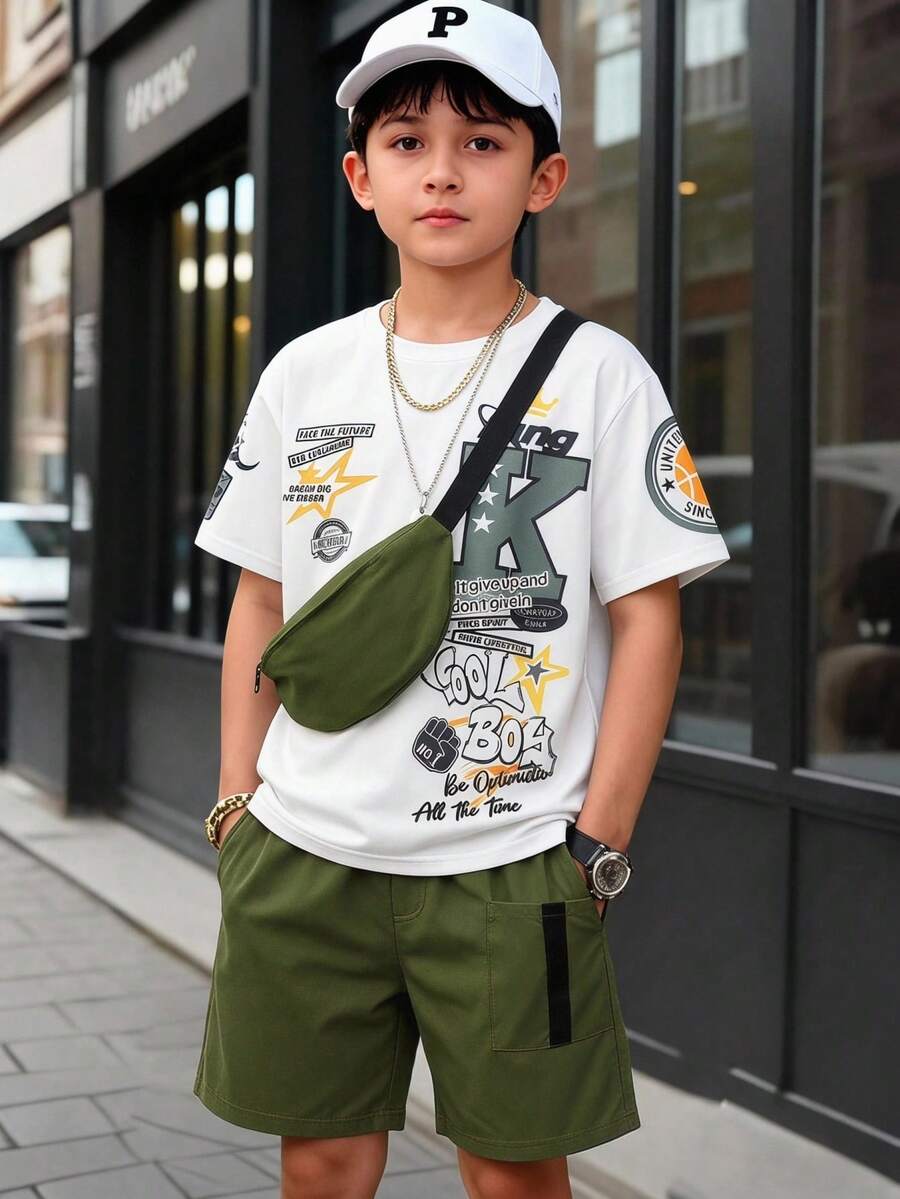 3pcs Tween Boy Letter Print T-Shirt & Cargo Shorts & Mini Crossbody Bag 3-Piece Set, Suitable For Outdoor Activities In Spring/Summer - Green - View 1