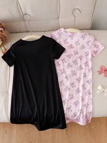 SHEIN 2件組女童幼兒睡裙圓領短袖長裙擺夏季粉色與杏色天鵝印花睡衣公主風 7歲生日嬰兒洗禮 - 彩色 - 查看 3