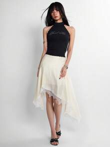 Rina Fox Áo croptop cổ yếm đính đá chữ cái gợi cảm theo phong cách năm 2026, áo thun không tay ren phong cách retro Y2K. - màu đen - Xem 3