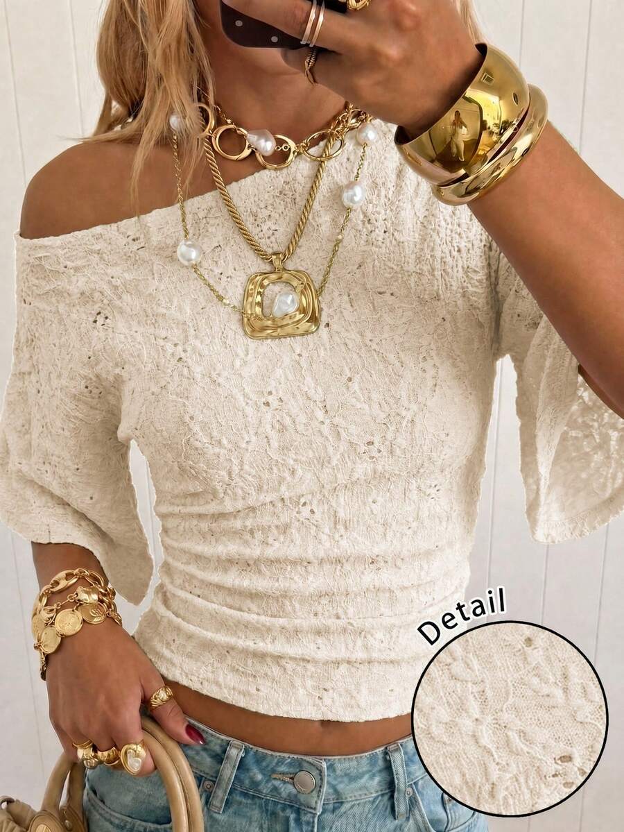 SHEIN EZwear 女款多巴胺杏色紋理針織蝙蝠袖短版T恤,優雅米色夏季約會上衣,休閒Y2K時尚,適合派對、度假、通勤 - 杏色 - 查看 1