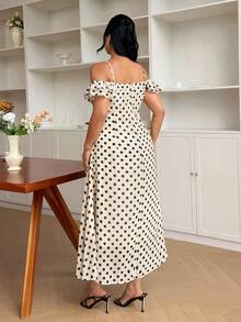 Modelyn Große Größen Polka Punkt Chiffon geschichtetes A-Linien Reißverschluss Volant Saum Casual Elegantes Kleid für Frauen - Aprikosenfarben - Übersicht 2