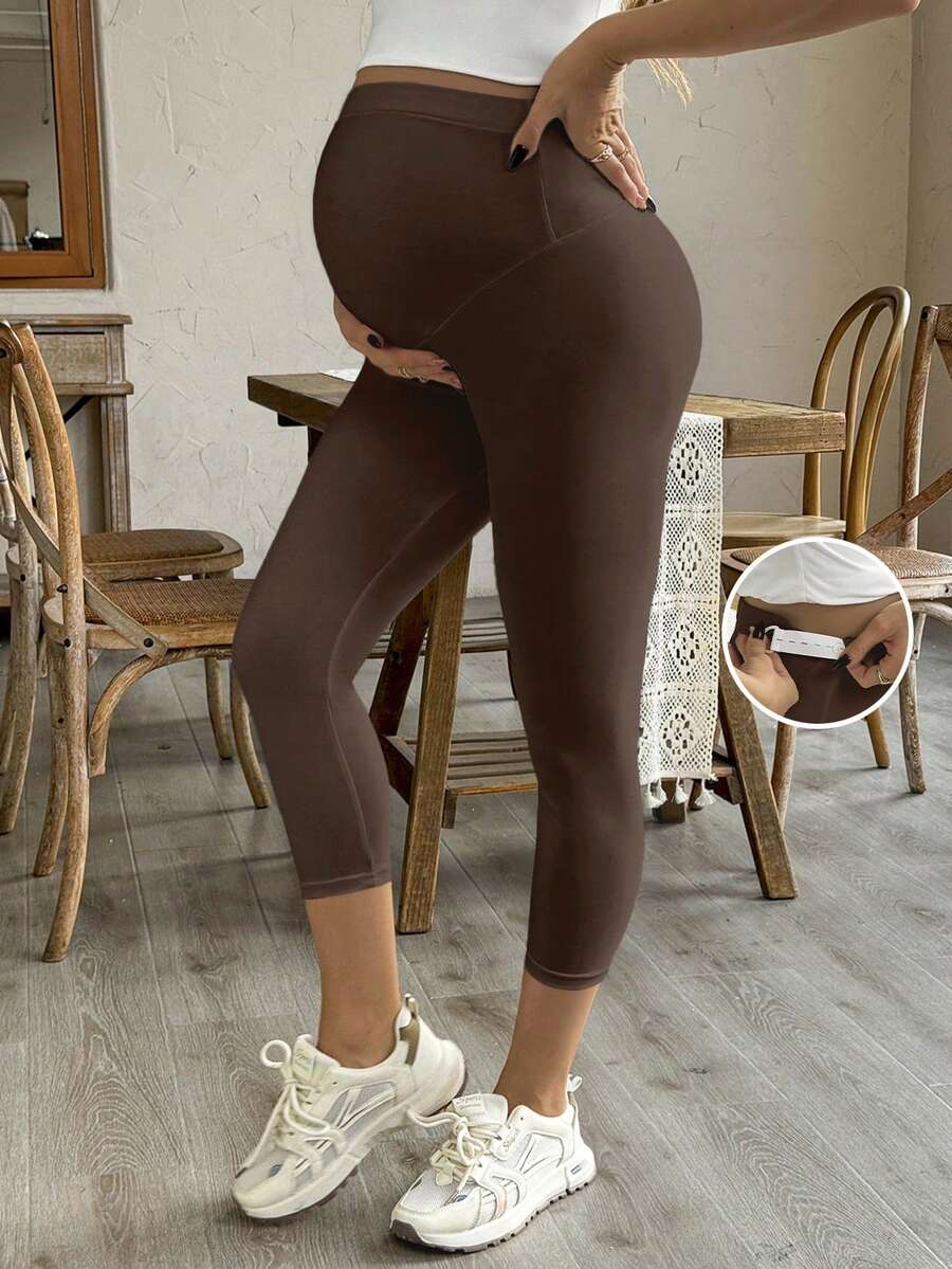 SHEIN 孕妇紧身裤,哺乳妈妈紧身裤,高弹不透明瑜伽运动托腹裤,适合春季、夏季及所有季节 - 棕色 - 查看 1