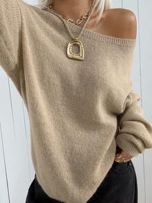 SHEIN EZwear 女款素色不對稱肩設計休閒百搭日常穿搭毛衣 - 卡其色 - 查看 4