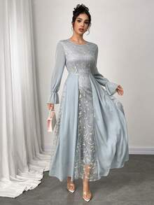 Modelyn Mesh Embroidered Chiffon Patchwork Long Sleeve Dress For Women - Gray Blue - View 9