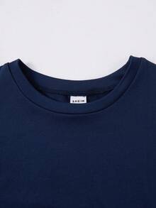 SHEIN Conjunto de camiseta de manga corta de punto azul marino sólido y pantalones con cordón para niñas preadolescentes - azul real - Ver 6