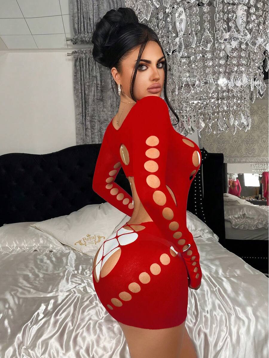 ChaseTheNight 一件女士性感紫红色紧身半透明渔网连衣裙，适合派对、夜店、海滩、圣诞节等场合。 - 紅色 - 查看 1
