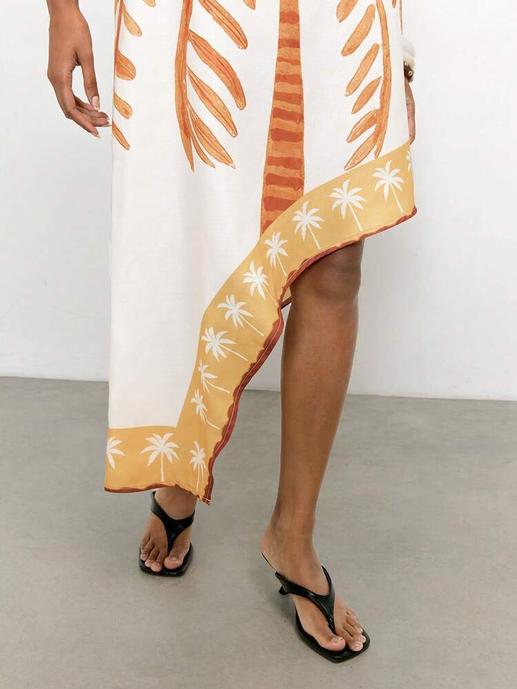 SHEIN Maija Women's White Summer Tropical Holiday Vacation Elegant Asymmetric Hem Floral Print Long Dress,Casual Coconut Tree Beach Outfit For Party & Holiday