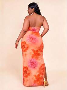 CurvyTilda Plus Size Women Elegant Long V-Neck Knit Dress, 4th Of July Curve,Wedding Guest Dress Women,Back To School Girls Clothes,Floral Dress Party Summer - Orange - View 3
