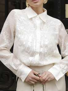 Elenary Edit French Luxurious Beaded & Sequin Embroidered Collar Long Sleeve Blouse For Women, Slimming & Versatile Summer - Apricot - View 4