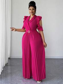 Maweii Jumpsuit Formal Elegan Musim Panas Wanita Ukuran Plus, Leher V, Bahu Terbuka, Lengan Berkerut, Celana Panjang Lebar, Romper Pesta Ninang Merah Muda Buah Naga untuk Pernikahan - Hot Pink - View 5