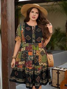SHEIN LUNE Plus Size Women Floral Print Tie Neck Short Sleeve Casual Dress - Multicolor - View 2