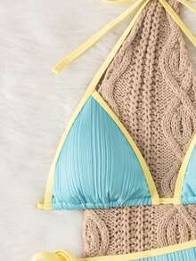 Bonvoyette-D Summer 2-Piece Set, Blue Striped Solid Asymmetric Vertical Striped Jacquard Knit Fabric Triangle Halter Tie-Back Cutout Waist Tie Beach - Multicolor - View 5