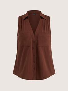 SHEIN Holidaya Women's Casual 100 Cotton V-Neck Sleeveless Blouse, Shades Of Brown, Summer, Boho, Holiday, Vacation, Top Elegant Party Wedding Guest Office - Brown - View 5