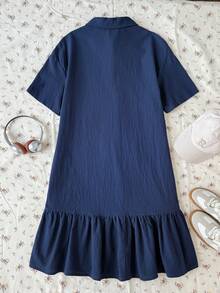 Teen Girl Navy Blue Polo Collar Embroidered Pattern Ruffle Hem Casual Dress, School Uniform Style, Suitable For School, Outdoor Activities, Shopping, Daily Wear - Royal Blue - View 6