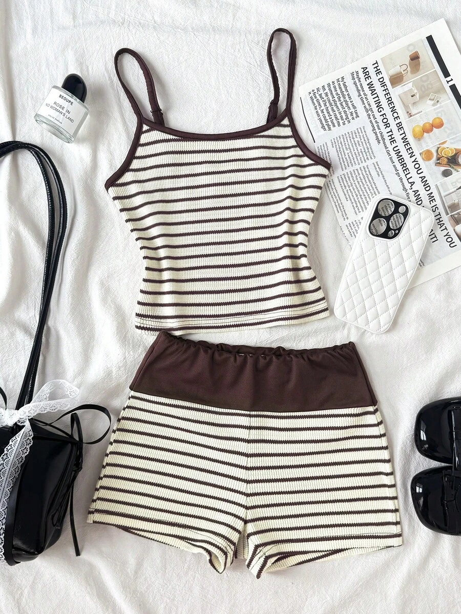 SHEIN Bộ đồ 2 mảnh mùa hè cho bé gái tuổi teen, áo tank top sọc nâu đa màu và quần short, phong cách casual thoải mái tối giản - màu nâu - Xem 1