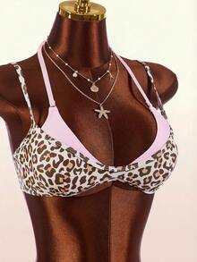 Amplova Women's Leopard Print Color Block Two Pieces Set, Sexy And Avant-Garde, Suitable For Vacation Outfits, New Arrival Festival Independence - Pink - View 6