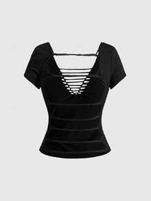 ROMWE Y2K Hollow Out Backless Twist Knot Design Sexy Slim Fit Women T-Shirt - Black - View 2