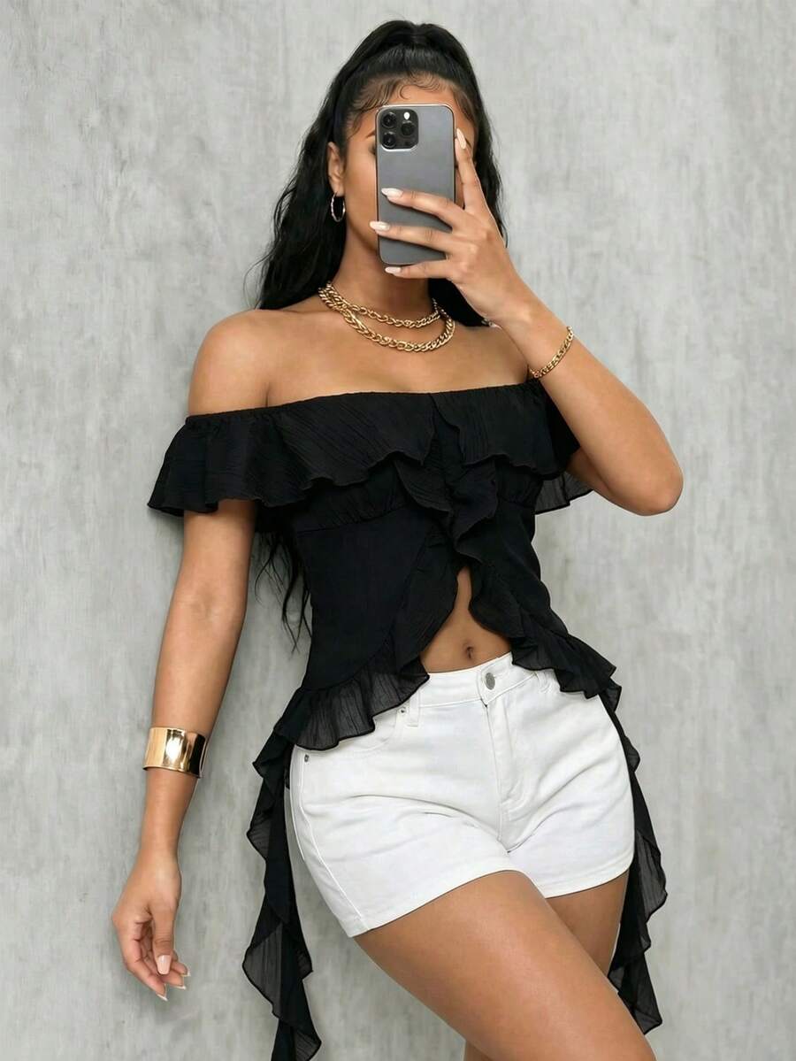 Eryvara Women's Off-Shoulder Top, Sexy Vacation Style, Textured Fabric Design With Ruffle Hem - Black - View 1
