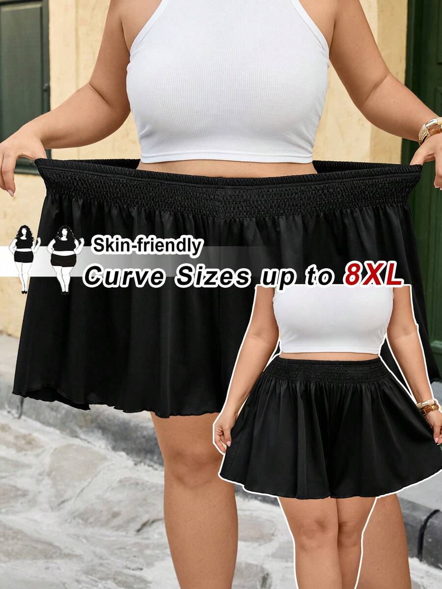 SHEIN CURVE+ 大码女式休闲纯色宽松短裤,夏季运动短裤 - 黑色 - 查看 1