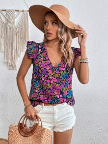 SHEIN Clasi Women's Floral Print V-Neck Flutter Sleeve Casual Vacation Blouse - Multicolor - View 3