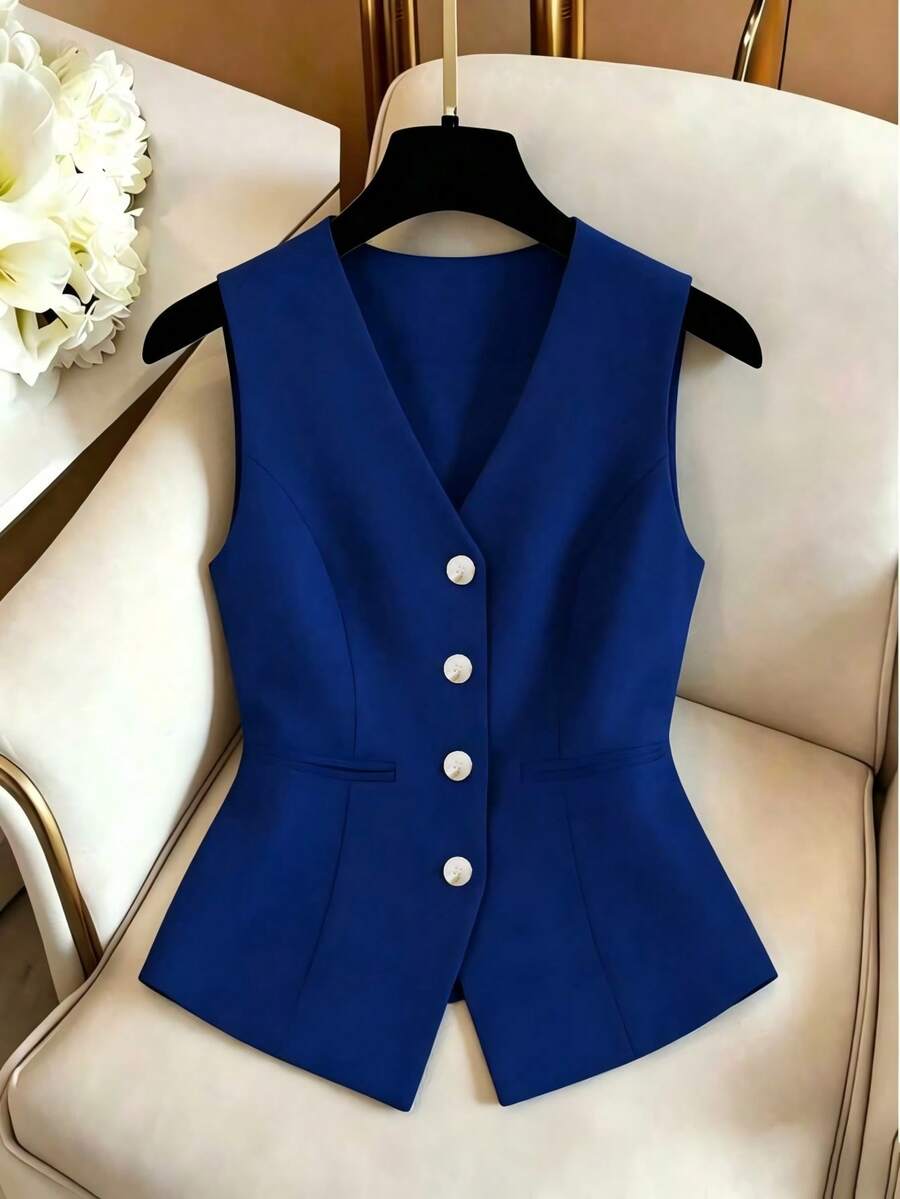 GlowEve Women's Summer V-Neck White French Retro Stylish Ruched Cropped Tank Top - Blue - View 1