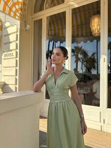 Firerie Women's Sage Green Summer Elegant French Casual Tea Party Brunch Vacation Teachers' Day Garden Party Short Sleeve Shirt Dress Waist Cinched V-Neck - Green - View 7