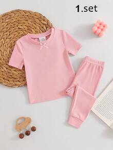 Baby Girl Infant Spring/Summer Korean Style Ribbed Short Sleeve Top And Pants Set With Bow Design, Snug Fit - Pink - View 1
