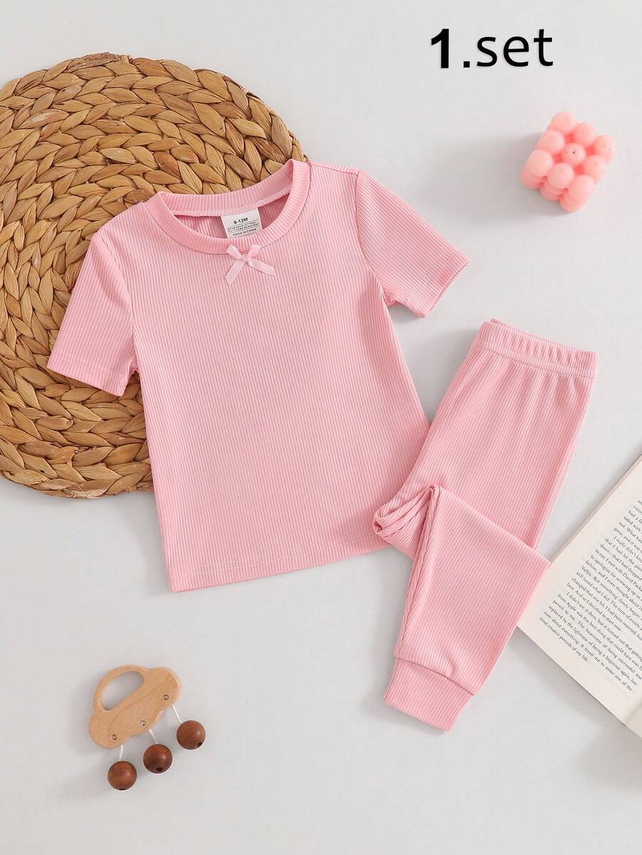 Baby Girl Infant Spring/Summer Korean Style Ribbed Short Sleeve Top And Pants Set With Bow Design, Snug Fit - Pink - View 1