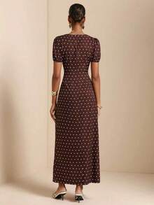 Vesra Women's Polka Dot Print Lace Trim French Style Vacation Dress - Brown - View 2