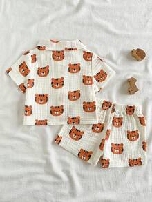 SHEIN Vintaside Kids 新生兒夏季領口短袖時尚可愛休閒襯衫搭配百搭休閒短褲套裝，適合外出、購物、散步、旅行和度假 - 杏色 - 查看 3