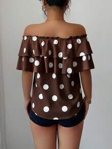 Elenzga Summer Casual Polka Dot Print Off-Shoulder Ruffle Blouse - Brown - View 2