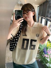 Dazy Plus 宽松休闲字母提花 Polo 领学院风春夏加大码针织女式上衣 - 杏色 - 查看 9