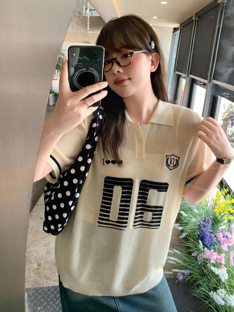 Dazy Plus Loose Casual Letter Jacquard Polo Collar College Style Spring/Summer Plus Size Knit Top For Women