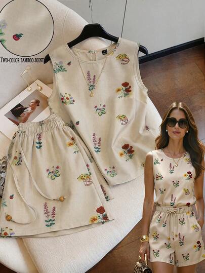 Qadelle Nouveau ensemble 2 pièces printemps/été, avec des vêtements légers, décontractés/de loisirs pour la maison ou les sorties légères. Combine l'esthétique rafraîchissante de la campagne avec une silhouette décontractée, mêlant la douceur florale vintage française et le confort du lin chinois.