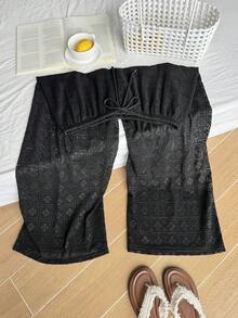 Comfortcana 大码彩色钩编休闲宽松直筒裤，夏季 - 黑色 - 查看 3