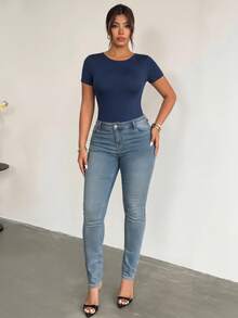 SHEIN BASICS Plus Size Solid Color Lace Patchwork Hollow Out Bodysuit Gym Brown Summer - Navy Blue - View 3
