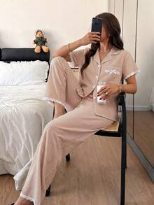 Napfluff Bubble Crinkle Striped Ruffle Front Women Pajama Set - Brown - View 4
