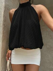 Aloruh Women's Solid Color Fashionable Halter Neck Top For Vacation - Black - View 5
