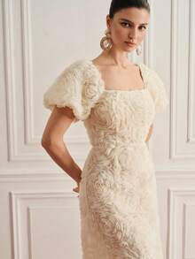 SHEIN Zanirela Elegant Puff Sleeve Floral Decor White Summer Dining Dinner Beach Date Dress Sweet Square Neck Birthday Party Bodycon French Ladylike Embellished - Apricot - View 2