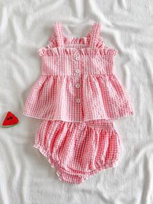 SHEIN Vintaside Kids 新生兒夏季可愛西瓜貼布繡格紋蝴蝶結裝飾背心短褲套裝，度假露營適用 - 西瓜粉 - 查看 2