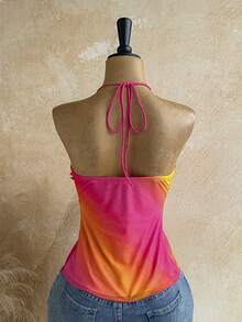 Soleia Top halter con tiras anudadas y degradado de puesta de sol romántico para mujer, vacaciones, festival de música vintage, fiesta, vacaciones tropicales, cita, té de la tarde, crucero de playa, viaje por carretera, vacaciones en la ciudad, festival de música, fiesta, bohemio, hippie, occidental, carnaval, Día de San Patricio - Rosa Fucsia - Ver 5