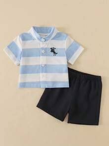 Souflis Souflis Newborn Striped Top And Solid Color Shorts Set - Blue and White - View 2